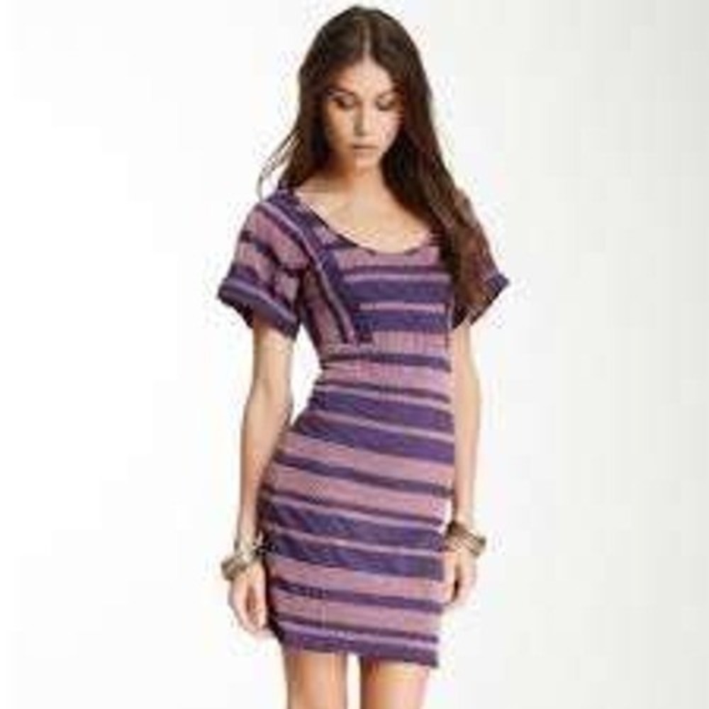 Free People Striped Bodycon Mini Dress Purple Mauve Scoop Neck Short Sleeve S